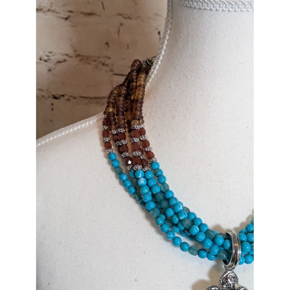 RJ Graziano Multi Strand Beaded Necklace Faux Turquoise AB Aurora Borealis 18